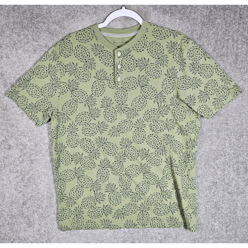 PD&C Short Sleeve Henley Shirt Mens Size Large Green Pineapple Print Pullover